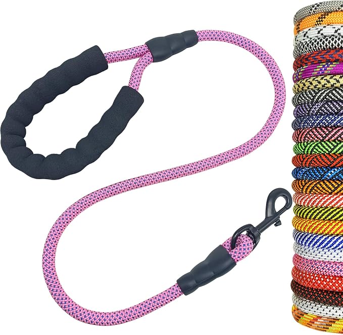 MayPaw 3FT Heavy Duty Rope Dog Leash, 6/8/10/12/15/20FT Nylon Pet Leash with Soft Padded Handle, Thick Lead Leashes for Large Medium Dogs Walking Training (Pink-Blue dot, 1/2" * 3') by MayPaw
