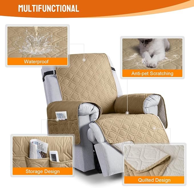 VANSOFY 100% Waterproof Recliner Chair Covers, Recliner Cover Non-Slip Dog Chair Cover Furniture Protector Washable Slipcover with Pocket, Elastic Straps for Pets, Dogs(Sand, 30") | Non-Slip, Slipcover with Pocket, Furniture Protector, Elastic Straps, ... - Image 7