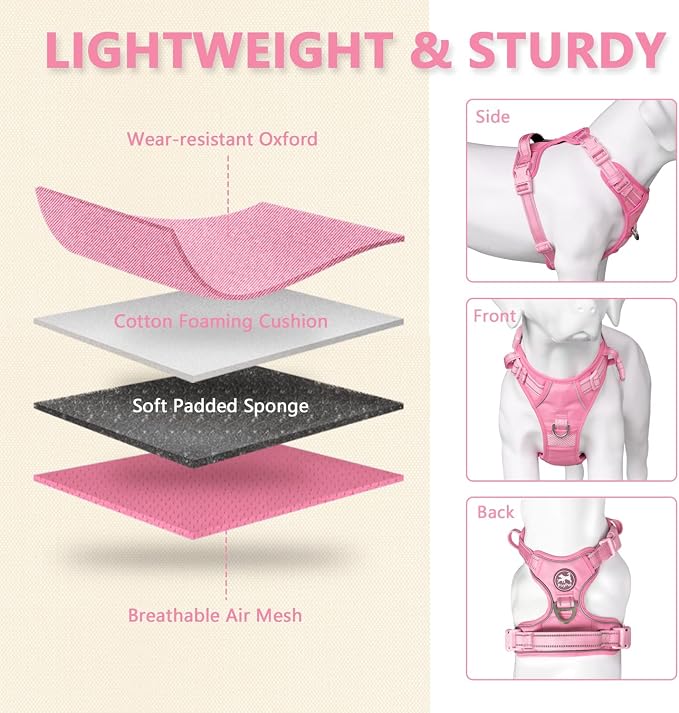 PoyPet No Pull Dog Harness, Reflective Vest with 2 Leash Clips & Handle | Lockable Neck Release Buckle, No Choke, Adjustable, Soft Padded, for Walking Training, Light Pink Matching Trim, Small - Image 3
