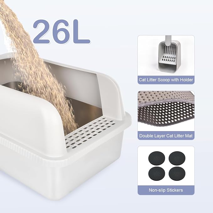 Henkelion Stainless Steel Cat Litter Box with Lid, 20" L x 14.2" W x 11.8" H, Extra Large Litter Box for Big Cats with High Sided, Anti-Urine Leakage, Easy Cleaning, Include Cat Mat and Scoop - Image 5