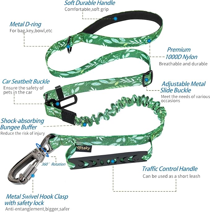 Hotsky Tactical Bungee Shock Absorbing No Pull Dog Leash,Leaves,4-6FT | Heavy Duty for Medium Large Dogs That Pull up to 660 lb,with Padded Double Handle ＆ Car Seatbelt,360°Rotating Locking Clasp - Image 2