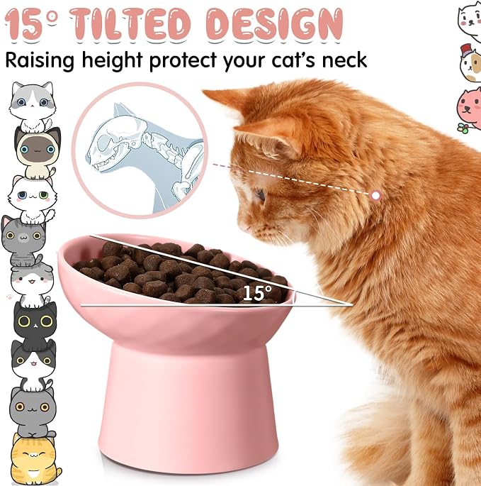 4 Pcs Ceramic Raised Cat Bowls, Elevated Tilted Cat Bowl for Food Water, Stress Free, Backflow Prevention, Dishwasher Microwave Safe, Feeder Dish for Indoor Kitten, Small Dogs(White and Pink) - Image 3