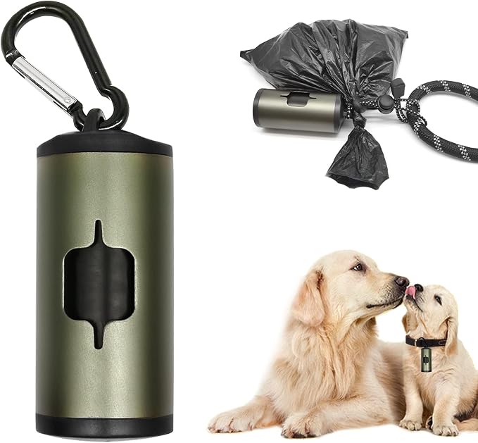 YUCHIYA Aluminum Dog Poop Bags Holder with Carabiner Metal Pet Waste Bags Dispenser with Hook and Loop Fastener and Elastic Cord to Carry Used Bags (Olive Green, 1 Holder 15 Bags) - Image 4