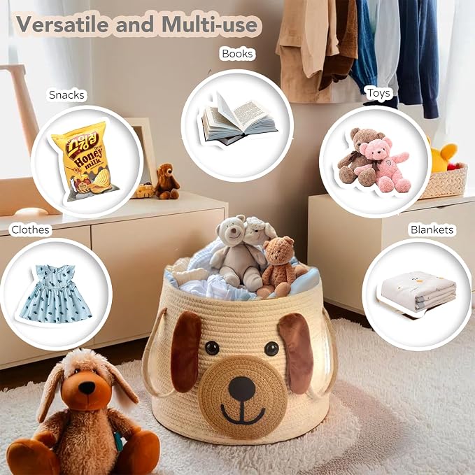 Large Dog Woven Basket with Handles - Toy Storage Bin, Baby Gift & Animal Nursery & Cute Laundry Basket, for Clothes, Towels, Toys (Dog) - Image 4