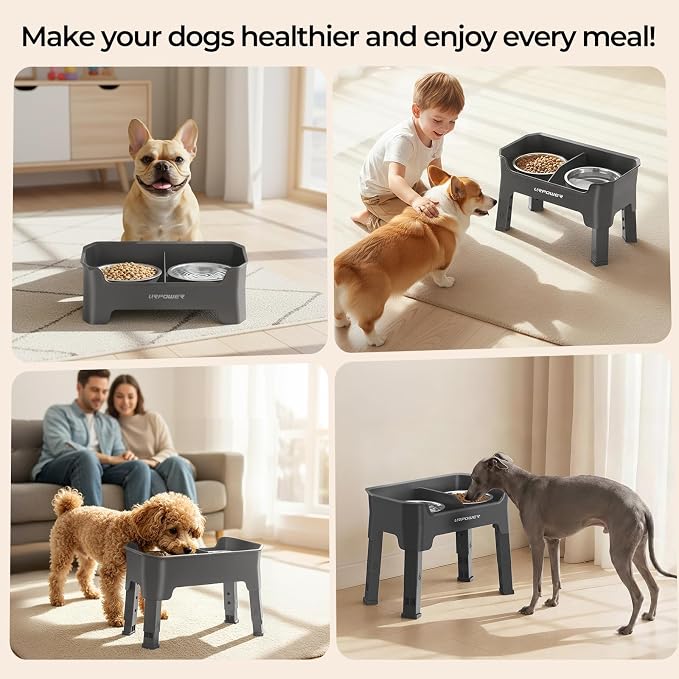 URPOWER Mess Proof Elevated Dog Bowls, Splash Guard Raised Bowl Stand | 4 Adjustable Heights, 2 Stainless Steel Bowls, Food & Water Separation, Non-Slip Base, Foldable Design for Small Dogs - Image 7