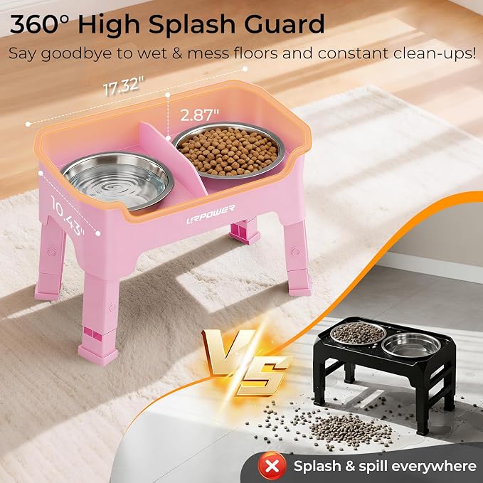 URPOWER Mess Proof Elevated Dog Bowls, Splash Guard Raised Bowl Stand | 4 Adjustable Heights, 2 Stainless Steel Bowls, Food & Water Separation, Foldable Design Non-Slip for Small Medium Large Dogs - Image 3