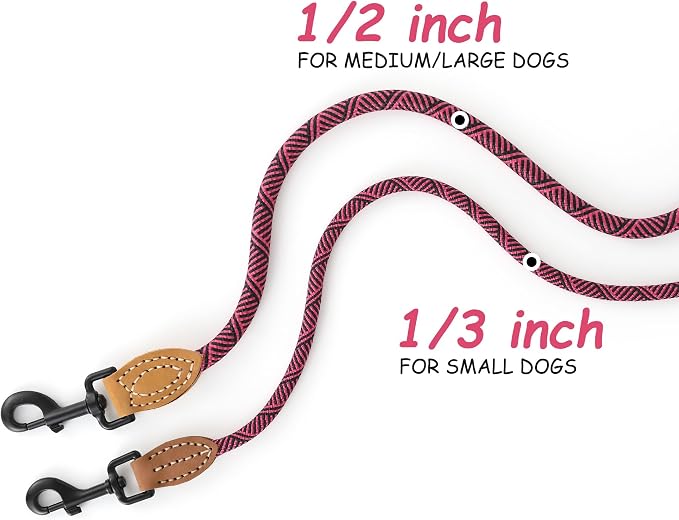 Mile High Life Dog Leash with Genuine Leather-Wrapped Ends, 4/5/6FT | Tangle-Free 360° Swivel Clasp Heavy Duty Rope Leash | Small Medium Large Dogs | Daily Walking (Rose Red, 60 Inch, 1/3") - Image 3