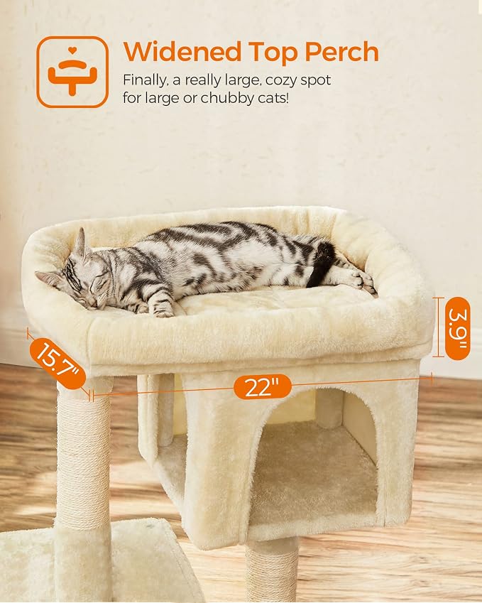 Feandrea Cat Tree, 33.1-Inch Cat Tower, Plush Condo for Large Cats up to 16 lb, Large Perch, 2 Caves, Scratching Post, Beige UPCT61M - Image 3