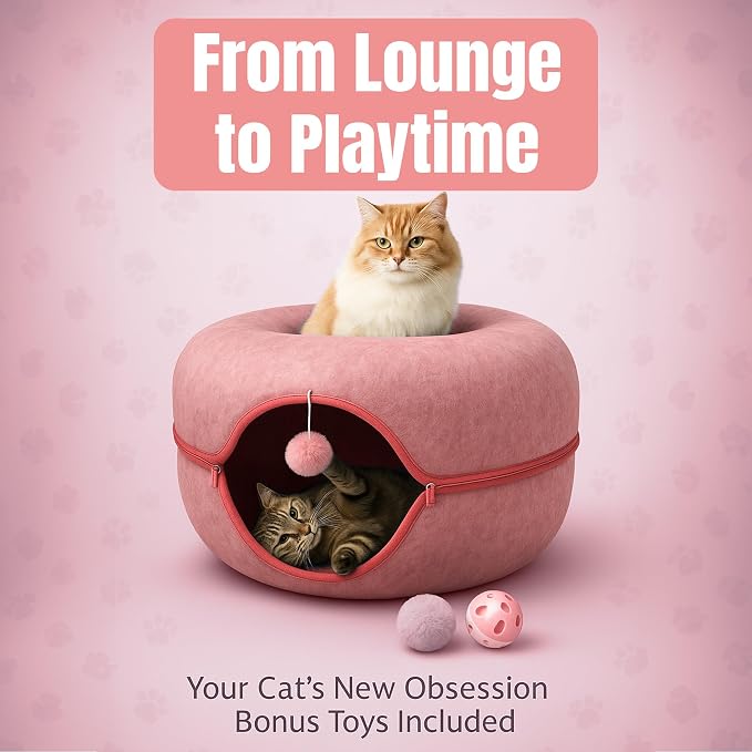Okoco Cat Tunnel Bed for Indoor Cats Large, 24" Peekaboo Cat Cave Donut Bed for Pets up to 45lbs, 2-in-1 Round Tube with Hanging Ball Toy & Removable Machine Washable Parts (Pink) - Image 3