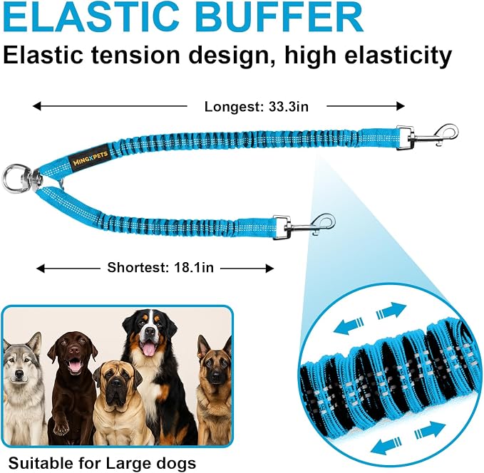 MingXpet 2 Dog Leash, Dog Leash for 2 Dogs, 360° Swivel No Tangle Double Walking Training Leashes for Large Dogs that Pull, Comfortable Shock Absorbing Reflective Bungee, Blue - Image 2