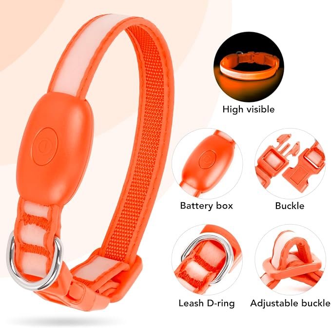 Light up Collar for Small Dog,Vizpet XS Adjustable Size Nylon Led Collar | USB Rechargeable Bright Safety Pet Collar for Cats Small Dogs (Orange, X-Small[ 8.66-11.9 inch/22cm-30cm]) - Image 3