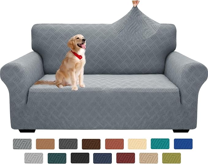 YEMYHOM Couch Cover Latest Jacquard Design High Stretch Sofa Covers for 2 Cushion Couch, Pet Dog Cat Proof Loveseat Slipcover Non Slip Elastic Furniture Protector (Medium, Leaf Pattern Light Gray) by YEMYHOM
