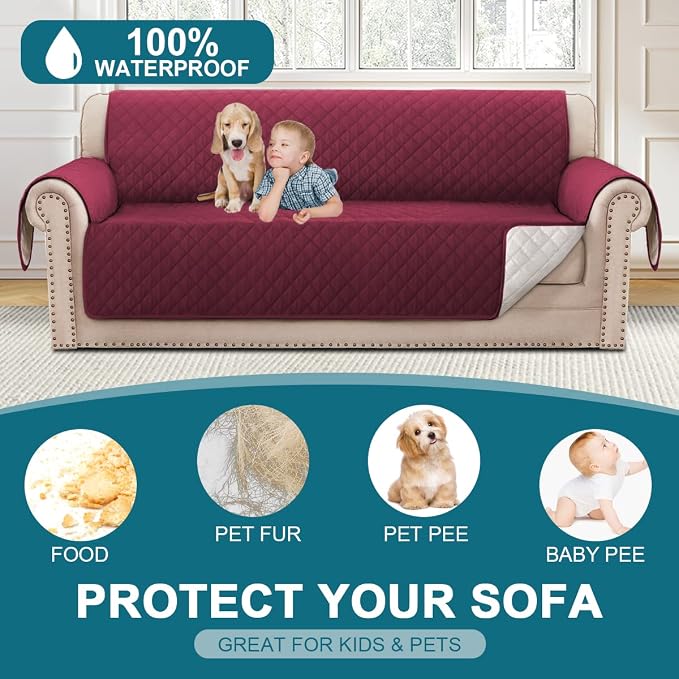Turquoize 100% Waterproof Couch Cover Sofa Covers Washable Couch Covers for 3 Cushion Couch Pet Friendly Triple Non-Slip Couch Cover for Dogs Furniture Covers for Pets, Kids,Dog (Sofa 70", Burgundy) - Image 2