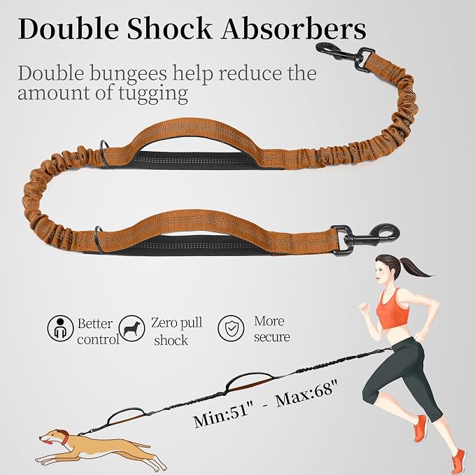 Hands Free Dog Leash with Zipper Pouch, Large, 25-120 lbs, Brown | Waist Leash, Dual Padded Handles, Shock-Absorbing Bungee, Adjustable Waist Belt, Walking and Running - Image 5