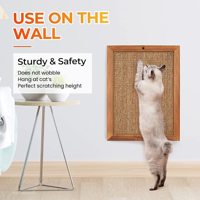 Cat Scratching Post, Natural Wooden Sisal Cat Scratch Pad, Floor or Wall Mounted Vertical Cat Scratcher Mat for Indoor Cats Adults or Kittens, Scratching Board Cat Wall Furniture Protector - Image 5