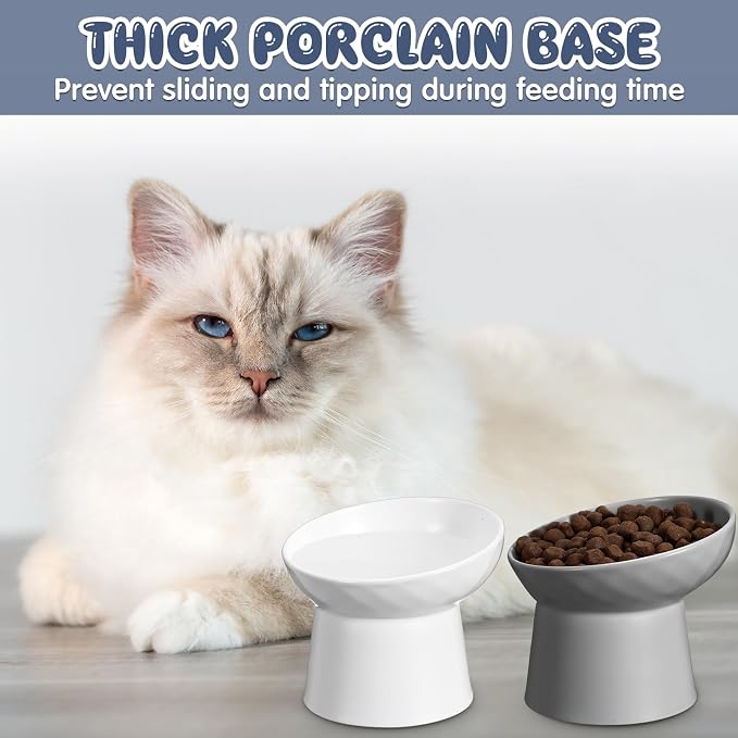4 Pcs Ceramic Raised Cat Bowls, Elevated Tilted Cat Bowl for Food Water, Stress Free, Backflow Prevention, Dishwasher Microwave Safe, Feeder Dish for Indoor Kitten, Small Dogs(White and Grey) - Image 7