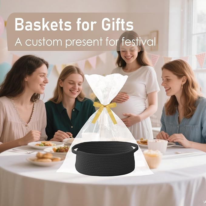 JMvicyroam Small Woven Basket, Empty Gift Basket, Black/3 Pack | Small Gift Basket, Cotton Rope, 12 x 8 x 26 in, Handles, Includes Ribbon and Bag, Birthday Gift Basket - Image 4