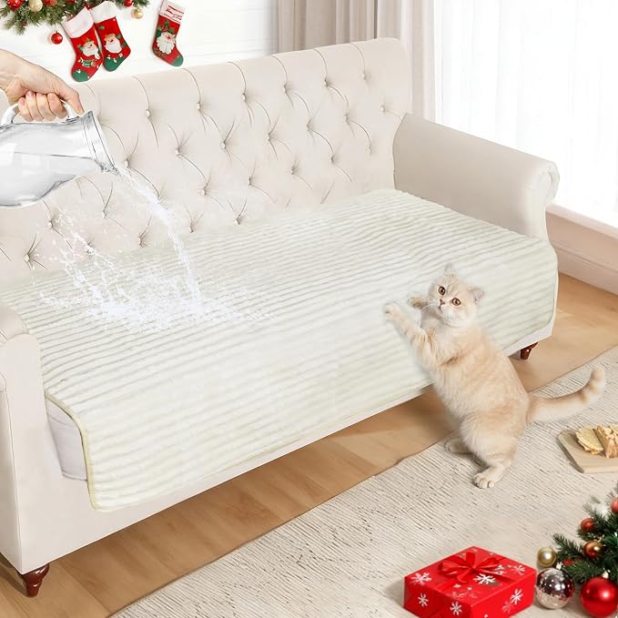 NAISI Couch Covers for Dogs Waterproof Flannel Striped Sofa Cover Pet Friendly Washable Dog Mat for Couch Anti Slip Sectional Sofa Slipcover Protector(1pc/35"x 63",Cream) by NAISI