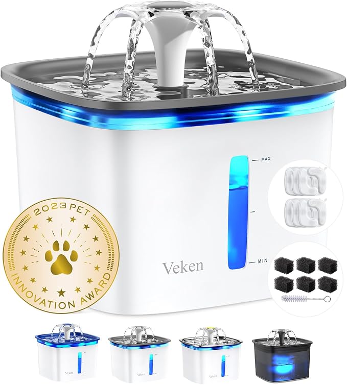 Veken Innovation Award Winner 95oz/2.8L Cat Water Fountain | Automatic Pet Fountain Dog Water Dispenser with 6 Replacement Filters & Silicone Mat for Cats, Dogs (Grey, Plastic) by Veken