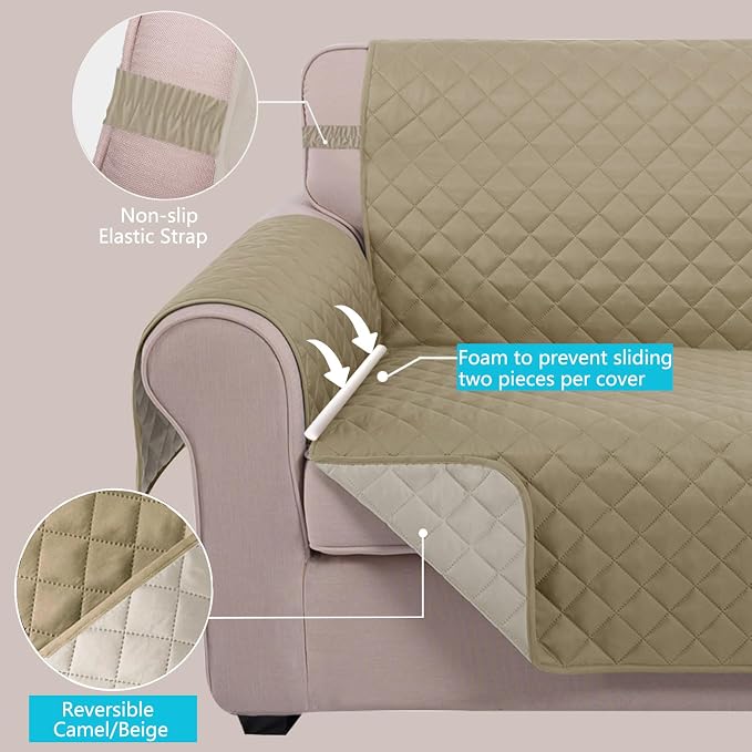 U-NICE HOME 4 Seater Sofa Cover 91''Large Couch Cover, Light Camel/Beige | Washable, Pet Friendly, Elastic Straps, Water Repellent, Furniture Protector Mat for 4 Cushion Couch - Image 3