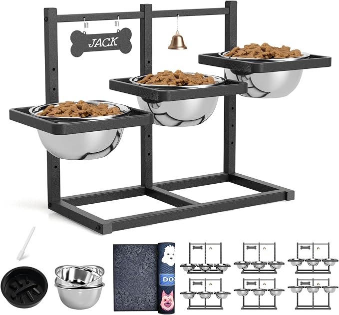 Elevated Dog Bowls for Large Dogs, 6 Height Adjustable Raised Stand with Mat, Slow Feeding Bowl and Three 1700ML Bowls, for Large Breed and Multi-Pet Households by ADENGL