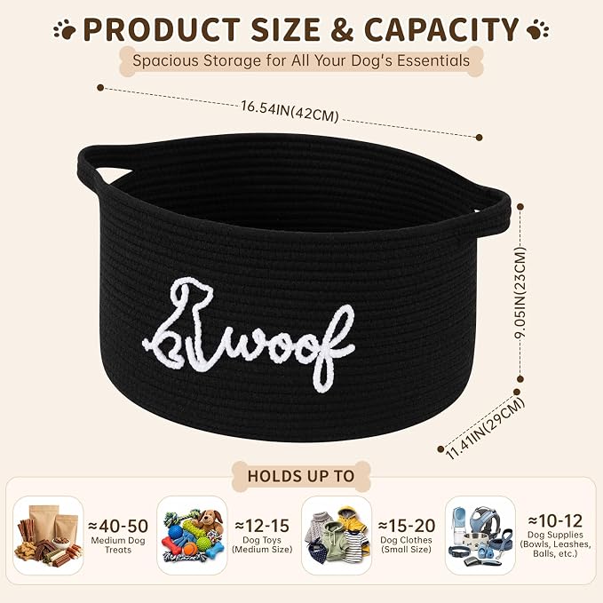 OIAHOMY 22L Large Dog Toy Basket, 16.5"x11.4"x9" Cotton Rope Basket with Cute Woof Embroidery, Soft Woven Pet Toy Box with Handles for Blankets, Leashes & Puppy Accessories, Decorative Organizer Black - Image 3
