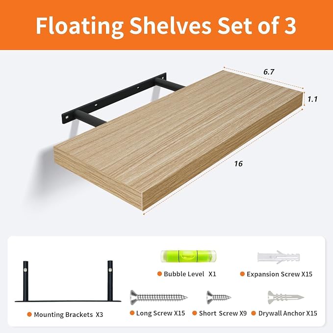 Floating Shelves for Wall Set of 3, 16 Inch Light Brown Shelves Bedroom | Light Brown Engineered Wood, Hidden Metal Brackets, Space-saving, Bedroom Kitchen Bathroom Decor - Image 3