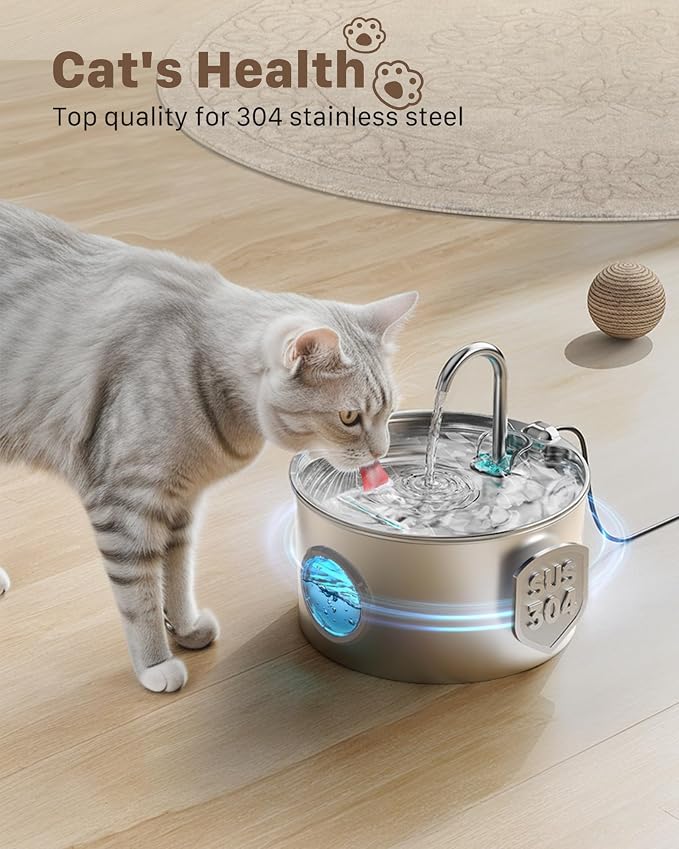 Cat Water Fountain Stainless Steel: Cat Fountain for Drinking with 6 Filters + 3 Sponges - 74oz/2.2L Pet Water Fountain for Cats Inside - Quiet Cats Water Bowl Dispenser - Kitten Drinking Fountains - Image 2