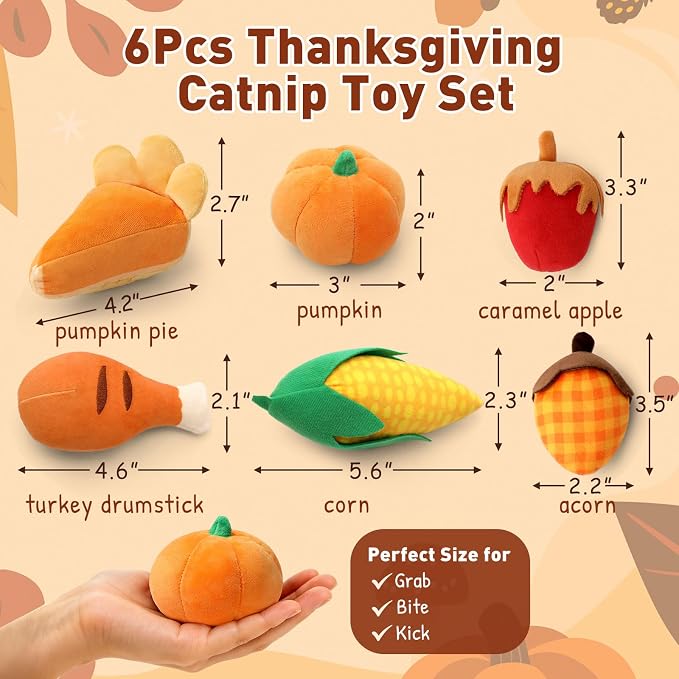 CiyvoLyeen Plush Thanksgiving Catnip Toys for Indoor Cats 6 Pack | Interactive Fall Pumpkin Cat Chew Toys, Boredom Relief, Soft Durable Plush with Catnip, Funny Gift for Cat Lovers & Kitten - Image 2