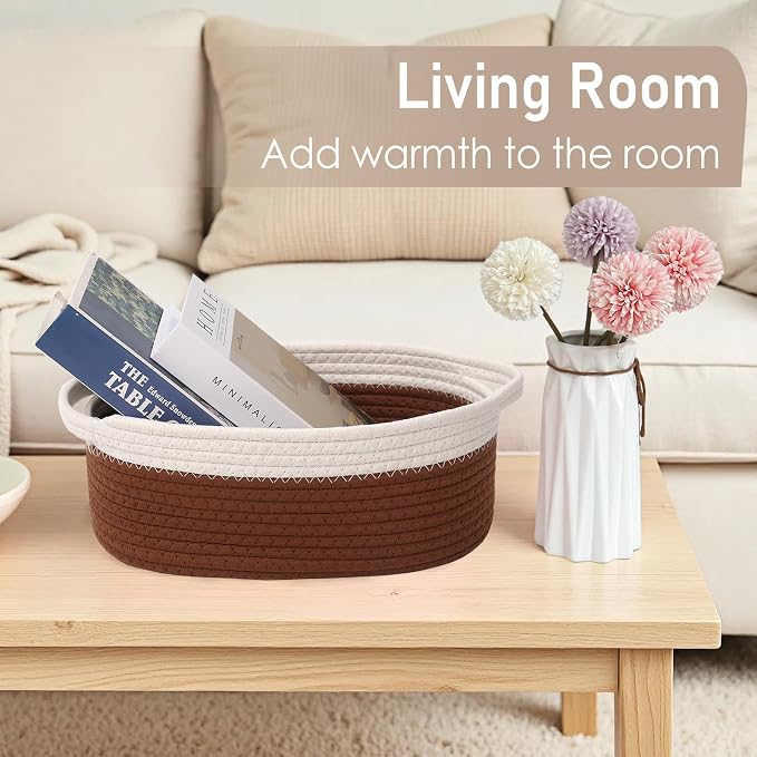 JMvicyroam Small Woven Basket, Empty Gift Basket, White&Brown/1 Pack | Small Gift Basket, Cotton Rope, 12 x 8 x 57 in, Handles, Includes Ribbon and Bag, Birthday Gift Basket - Image 7