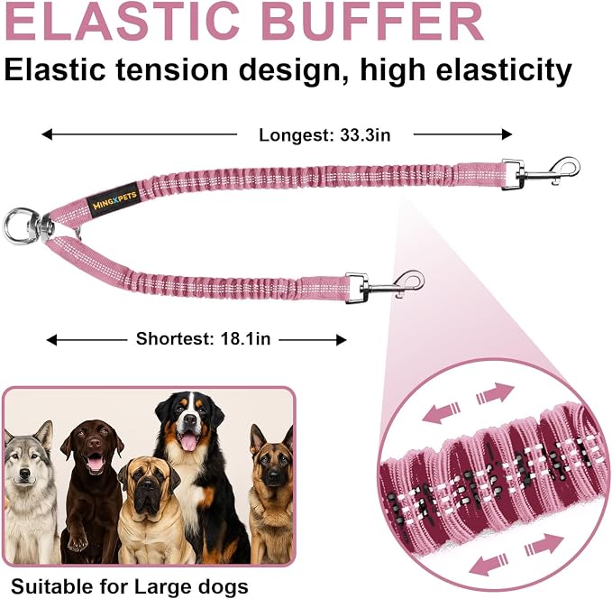 MingXpet 2 Dog Leash, Dog Leash for 2 Dogs, 360° Swivel No Tangle Double Walking Training Leashes for Large Dogs that Pull, Comfortable Shock Absorbing Reflective Bungee, Pink - Image 2