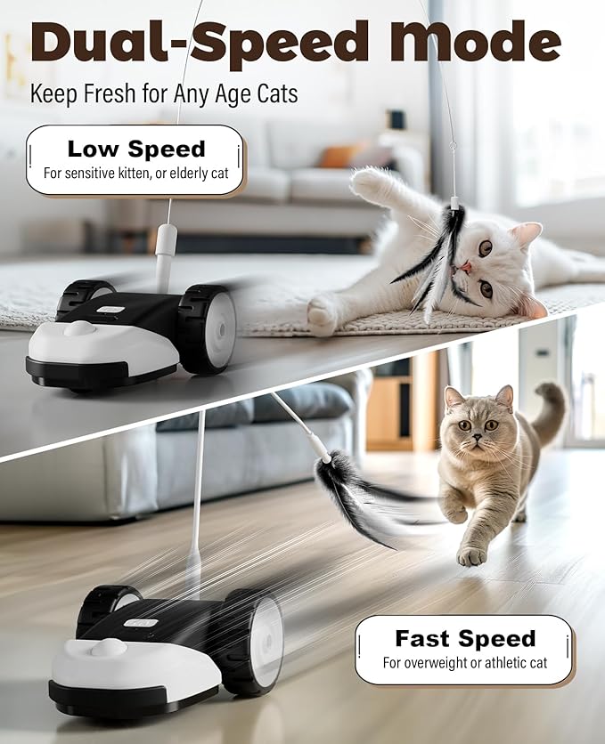CYROS 3-in-1 Interactive Cat Toy - 2-Speed Automatic Moving Mouse Cat Toys Self Play with 2pcs Hanging Feather String Ribbon and Wiggly Silicone Mice Tail for Bored Indoor Adult Cats Kittens - Image 5