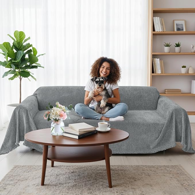 Smiry Couch Cover for Dogs, Chenille Sofa Covers for 3 Cushion Couch | Washable Soft Sofa Slipcover for Pets, Thick Sectional Furniture Protector with Tassels (Grey, 71x150 Inch) - Image 12