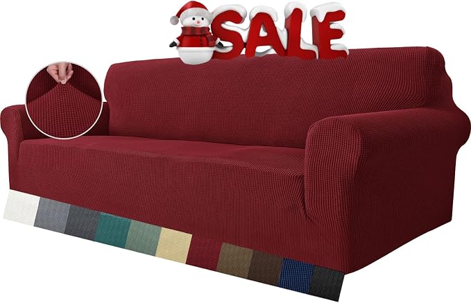 MAXIJIN Super Stretch Couch Cover for 3 Cushion Couch, 1-Piece Universal Sofa Covers Living Room Jacquard Spandex Furniture Protector Dogs Pet Friendly Fitted (Extra Large, Wine Red) by MAXIJIN