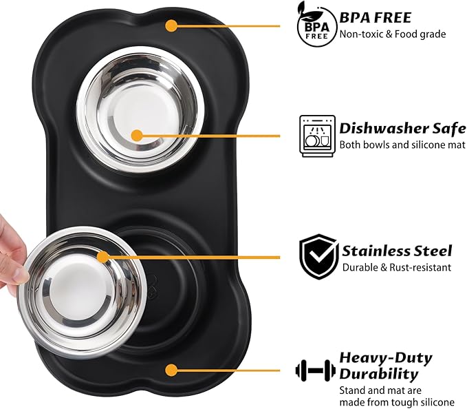 Hubulk Pet Dog Bowls 2 Stainless Steel Dog Bowl with No Spill Non-Skid Silicone Mat + Pet Food Scoop Water and Food Feeder Bowls for Feeding Small Medium Large Dogs Cats Puppies (Large, Black) - Image 2