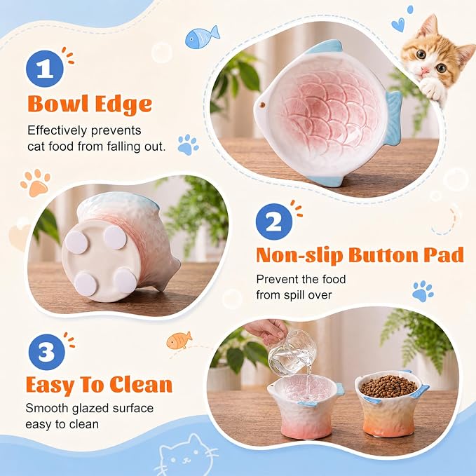 Tioncy 2 Pcs Raised Tilted Ceramic Cat Food Bowl Fish Shape Cute Elevated Slanted Shallow Angled Cat Dish Non Slip Feeder Bowl for Anti-Vomiting and Fatigue (Pink,Orange) - Image 3