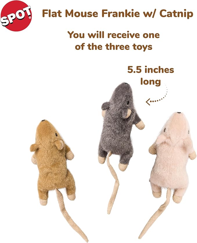 SPOT Flat Mouse Frankie with Catnip - Cat Toy, Fuzzy Mice with Catnip and Crinkle Sound, Perfect Size for Pouncing on, Chasing, Hunting - 5.5in Plush Toys, Assorted Colors - Image 2
