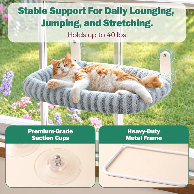 Zakkart Mellow Foldable Cat Window Perch, Upgraded Suction Cups (Gray, L) | Curtain-Friendly, Dual-Fabric Striped Machine Washable Bed, Heavy Duty ABS & Metal Frame, Hold up to 40 lbs., 24.8"W x 15.5"D - Image 3