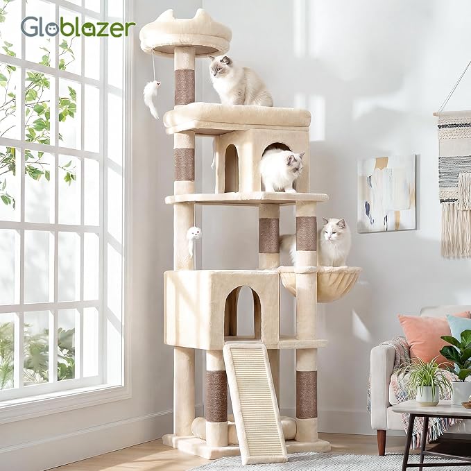 Globlazer Heavy Duty Cat Trees for Large Cats, Sturdy 72in Maine Coon Cat Tree for Large Cat 20 lbs+ Heavy Duty Cat Tower for Adult Biggest Cats with 6 Scratching Posts, Hammock, S72, Beige - Image 8