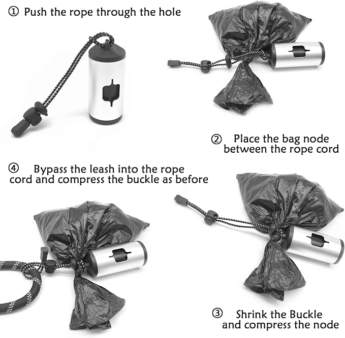 YUCHIYA Aluminum Dog Poop Bags Holder with Carabiner Metal Pet Waste Bags Dispenser with Hook and Loop Fastener and Elastic Cord to Carry Used Bags (Silver, 1 Holder 15 Bags) - Image 6