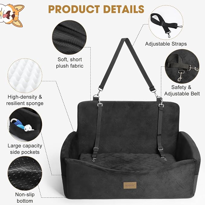 JOEJOY Dog Car Seat for Large Medium Sized Dogs Under 55 lbs, Dog Booster Seat for 2 Small Dogs with Detachable Washable Cover, Memory Foam Pet Car Seat with 2 Safety Belts and Storage Pockets - Image 4