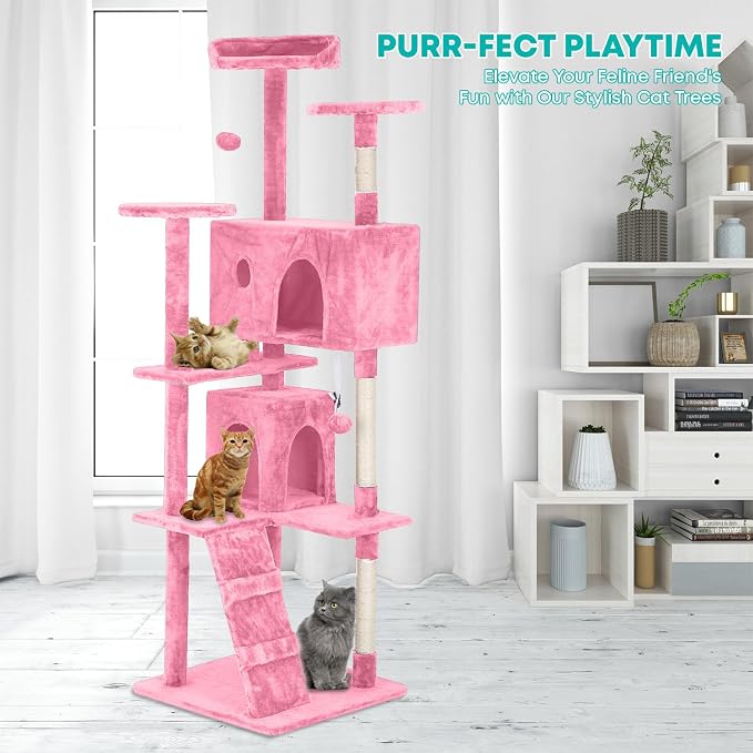 FDW | 70" Cat Tree Tower | Pink | Multi-Level Indoor Activity Center with Sisal Scratching Posts, Condos, Plush Perches, Hanging Cat Toys | Sturdy, Easy to Assemble | for Kittens & Adult Cats - Image 2