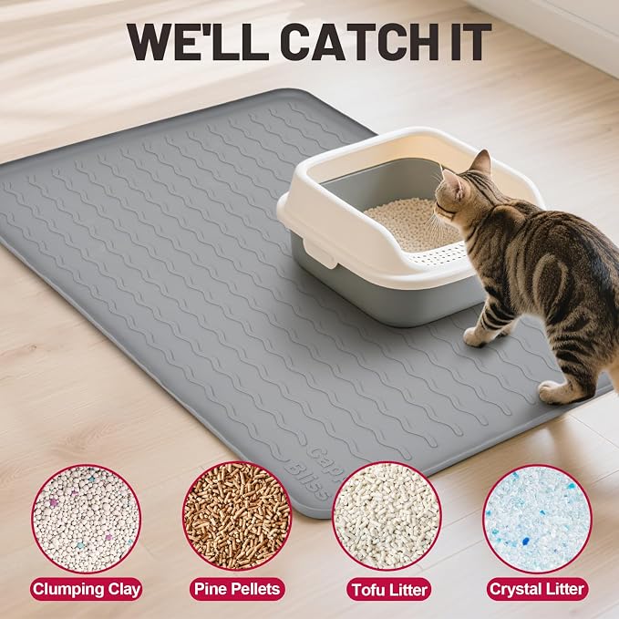 Cat Litter Mat, 34"x22" Waterproof Silicone Pad, Gray | Large Size, Urine-Proof Pad, Litter-Trapping Waves, Non-Slip, Easy Clean, Paw-Safe, for Litter Box, Floor Mat - Image 6