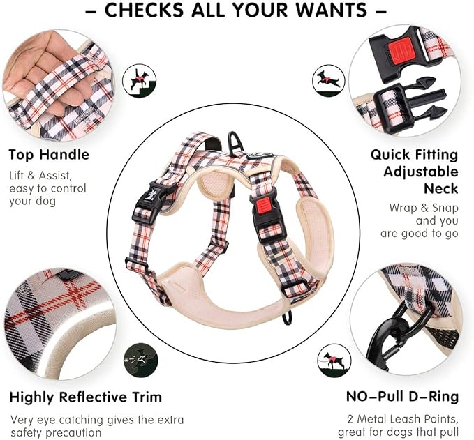 PoyPet Plaid Dog Harness Medium, No Pull Vest with Front Clip & Neck Buckle | Padded Handle, Reflective, No Choke, Lockable, 2 Leash Rings, Full Adjustable, for Training Walking, M, Checkered Beige - Image 8
