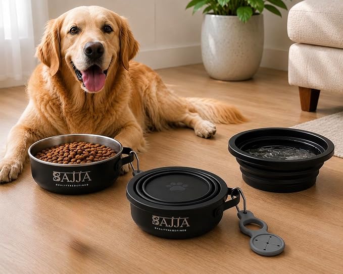 Black Collapsible Travel Dog & Cat Bowl – BPA-Free Silicone & 18/8 Stainless Steel, Portable Non-Slip Food & Water Bowl with Handle, Bottle/Poop Bag Holder – Claim Your - Image 3