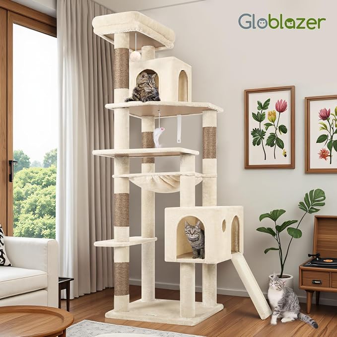 Globlazer Heavy Duty Cat Tree Tower, 70inch Sturdy Cat Tree for Indoor Cats Sturdy Large Cat Tower with Scratching Post and Scratching Board, Hammock, Cat Condo for Adult Cats Kittens, F70 Pro, Beige - Image 7