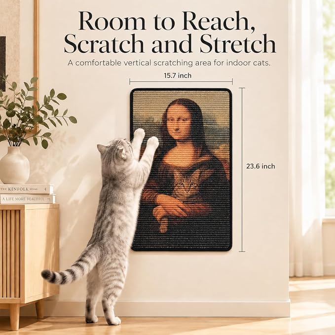 Art Sisal Cat Scratcher Mat, Cat Wall Scratchers for Indoor Cats | Wall Mounted Cat Scratcher, Natural Sisal, No-Drill Hook & Loop Setup, Floor or Wall Use, 23.6 x 15.7 Inch, Mona Lisa - Image 2