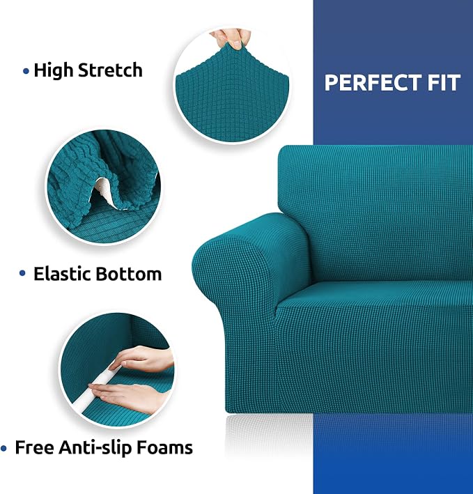 KEKUOU Stretch Couch Covers for Sofa, 3 Cushion Couch Slipcover,Peacock Blue - Image 6