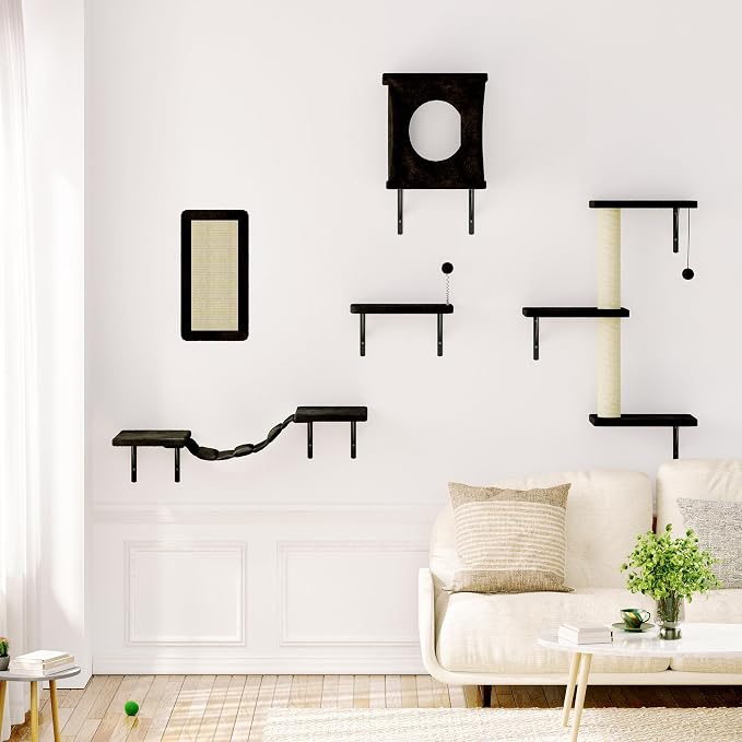 Cat Wall Shelves, 10-in-1 Wall-Mounted Cat Furniture Set | Large Cat Climber Set with House, Bridge, Steps, Scratcher, DIY Playground, Shelves for Indoor Wall Furniture Set - Black - Image 7