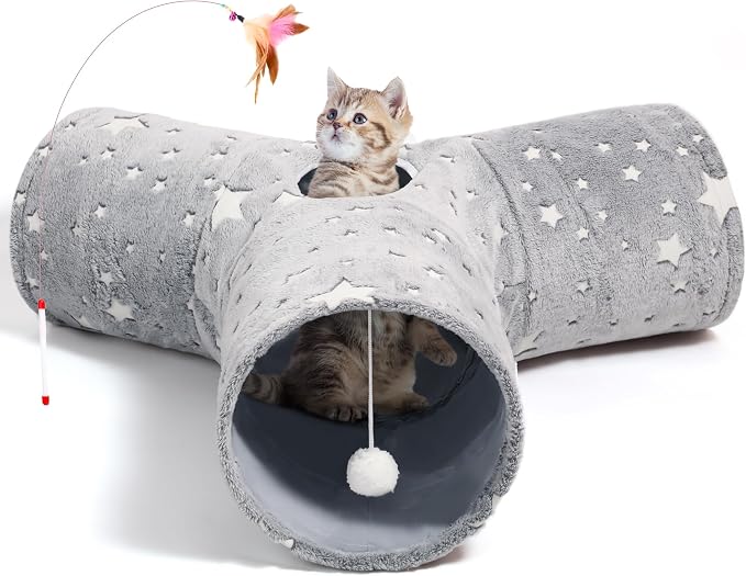 Tempcore 3-Way Collapsible Cat Tunnel Toy with Self-Luminous Tube & Teaser Wand, Peek Holes & Hanging Ball, Photoluminescence Play Tunnel for Indoor Cats, Puppy, Rabbit by Tempcore